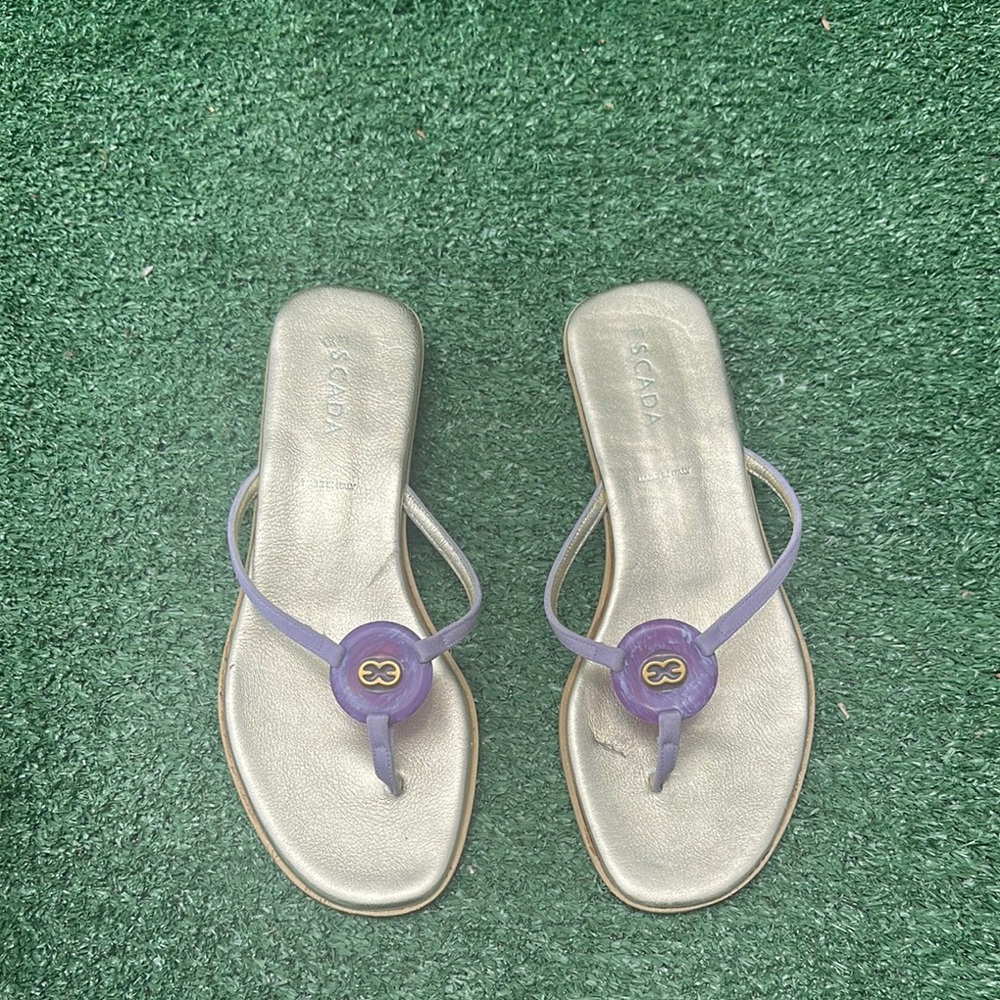 Escada Gold and Purple Sandals with Floral Accents Size 8 US/ 38 EU - Picture 2 of 9